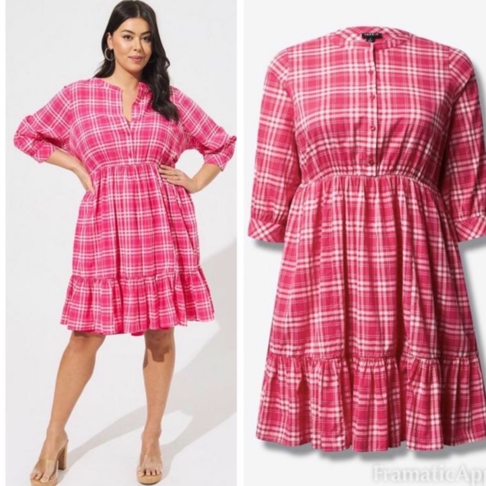 Fabulous Torrid Pink Plaid Mini Voile Mandarin Collar Dress - 5X